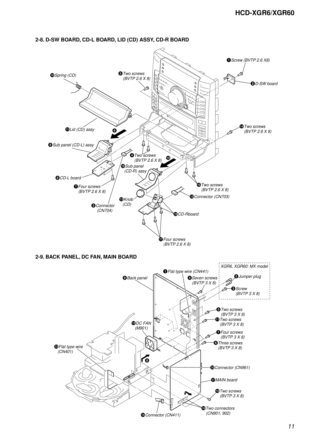 Sony HCD-XGR60 specifications SW BOARD, CD-L BOARD, LID CD ASSY, CD-R Board, Back PANEL, DC FAN, Main Board 