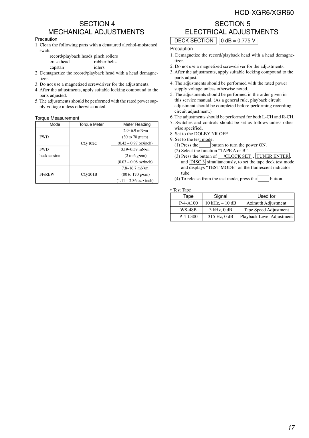 Sony HCD-XGR60 specifications Section Mechanical Adjustments, HCD-XGR6/XGR60 Section Electrical Adjustments, Precaution 