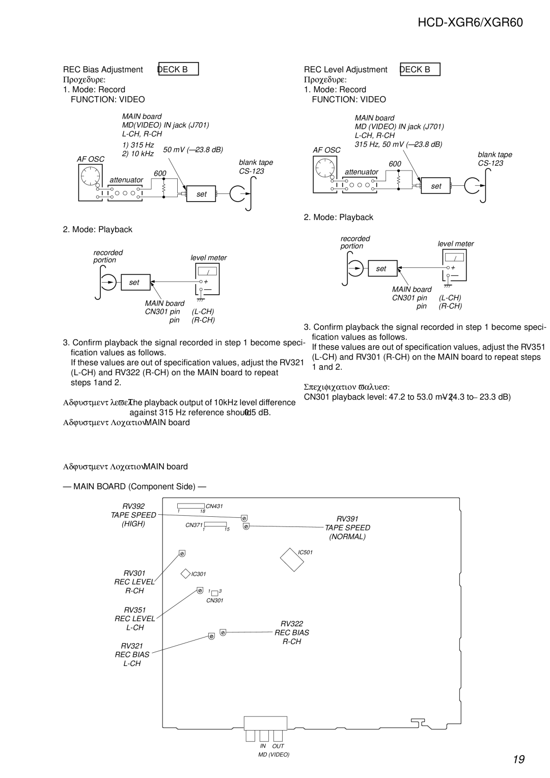 Sony HCD-XGR60 specifications REC Bias Adjustment Deck B, REC Level Adjustment Deck B, Main Board Component Side 