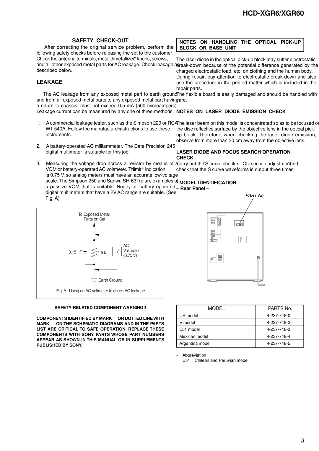 Sony HCD-XGR60 specifications Safety CHECK-OUT, Leakage, Rear Panel, Parts No 