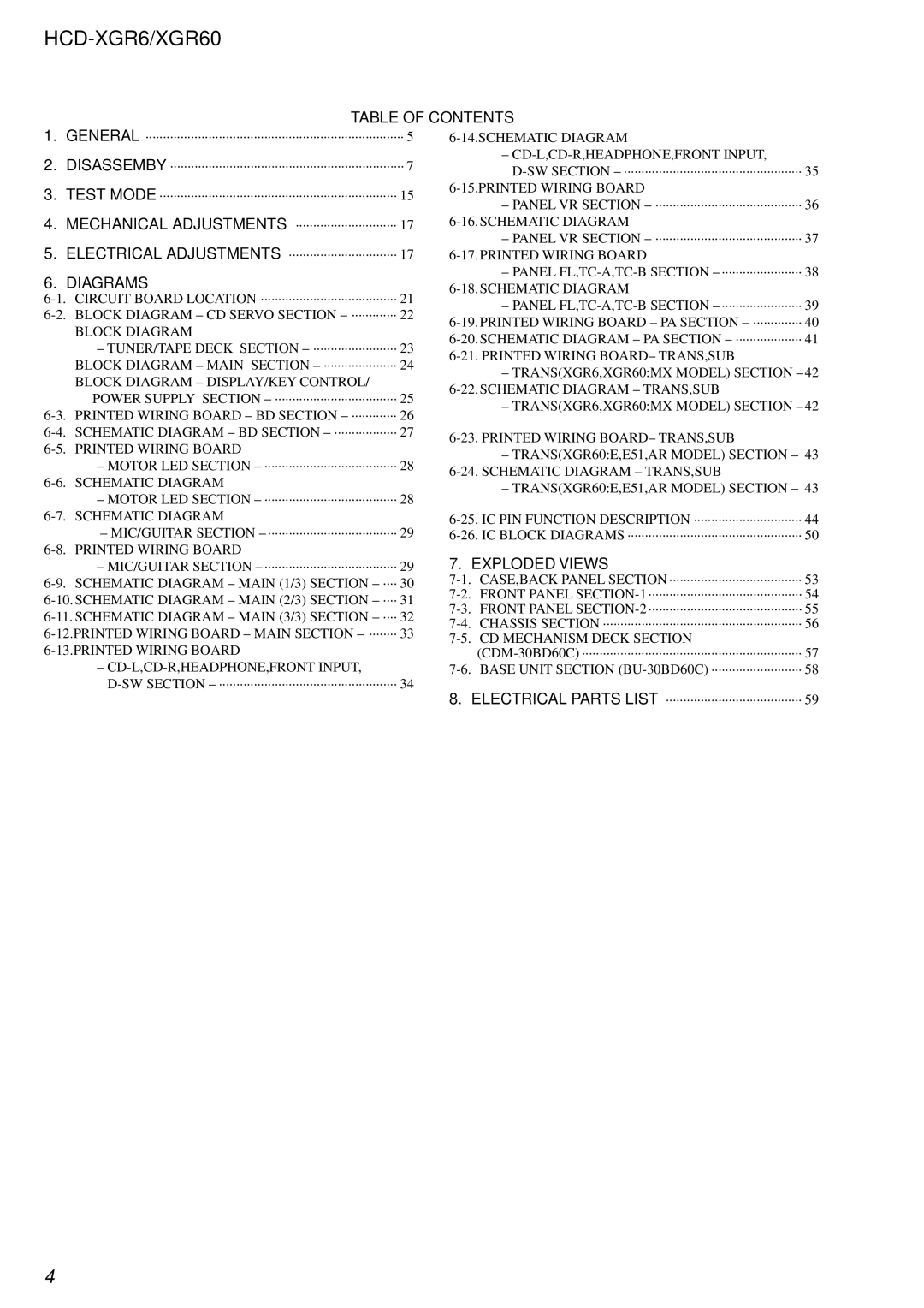 Sony HCD-XGR60 specifications Table of Contents, Diagrams, Exploded Views 