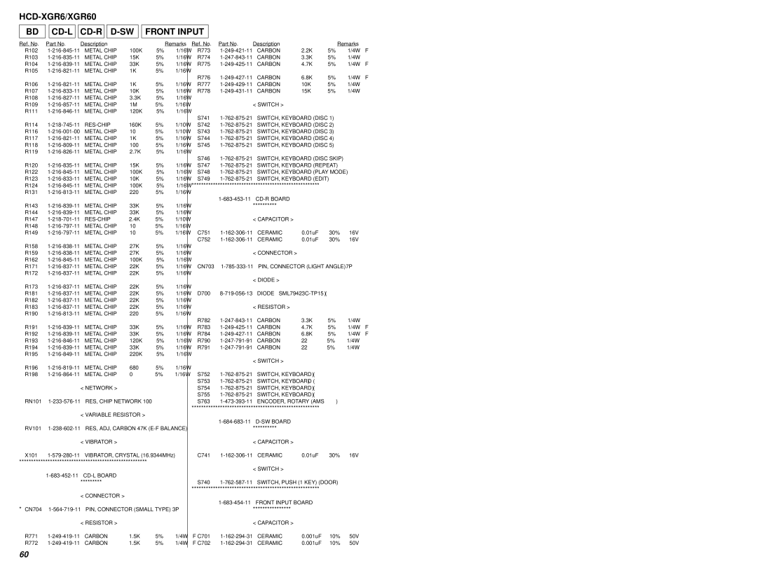 Sony HCD-XGR60 specifications HCD-XGR6/XGR60 CD-L CD-R Front Input 