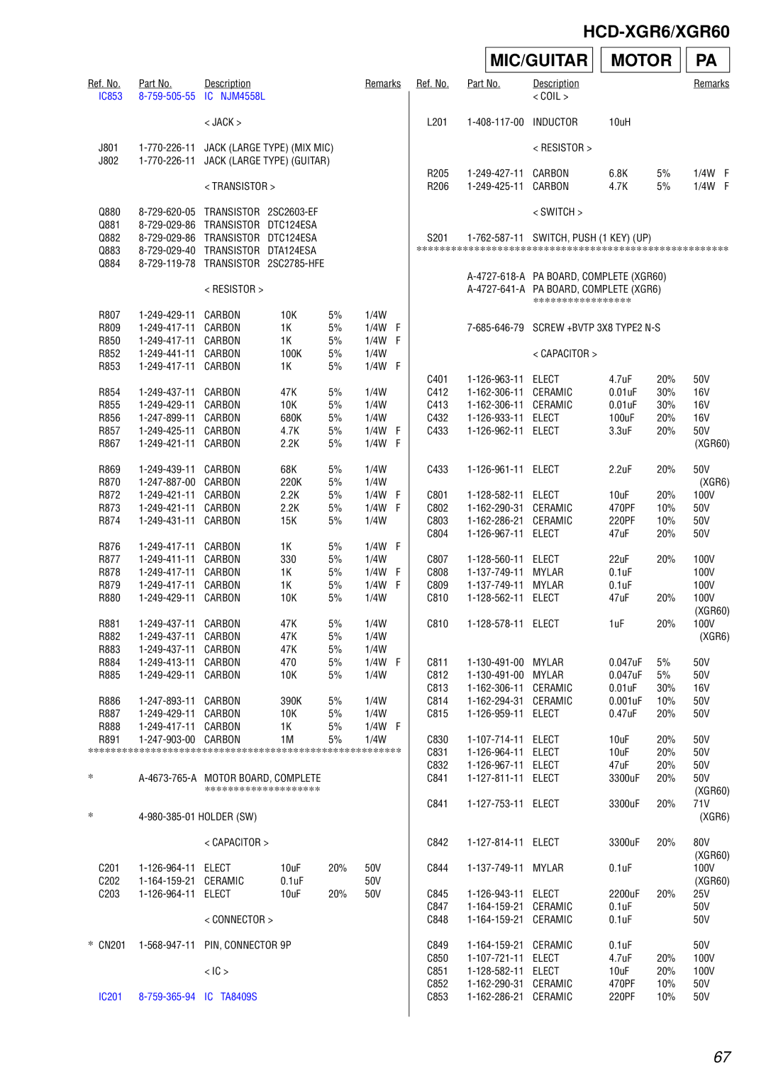 Sony HCD-XGR60 specifications MIC/GUITAR Motor 