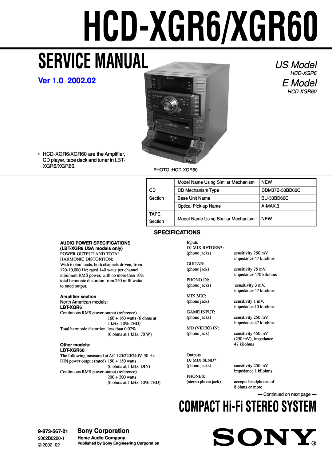 Sony HCD-XGR60 specifications Specifications, HCD-XGR6/XGR60, Service Manual, US Model, E Model, Ver 1.0, Sony Corporation 
