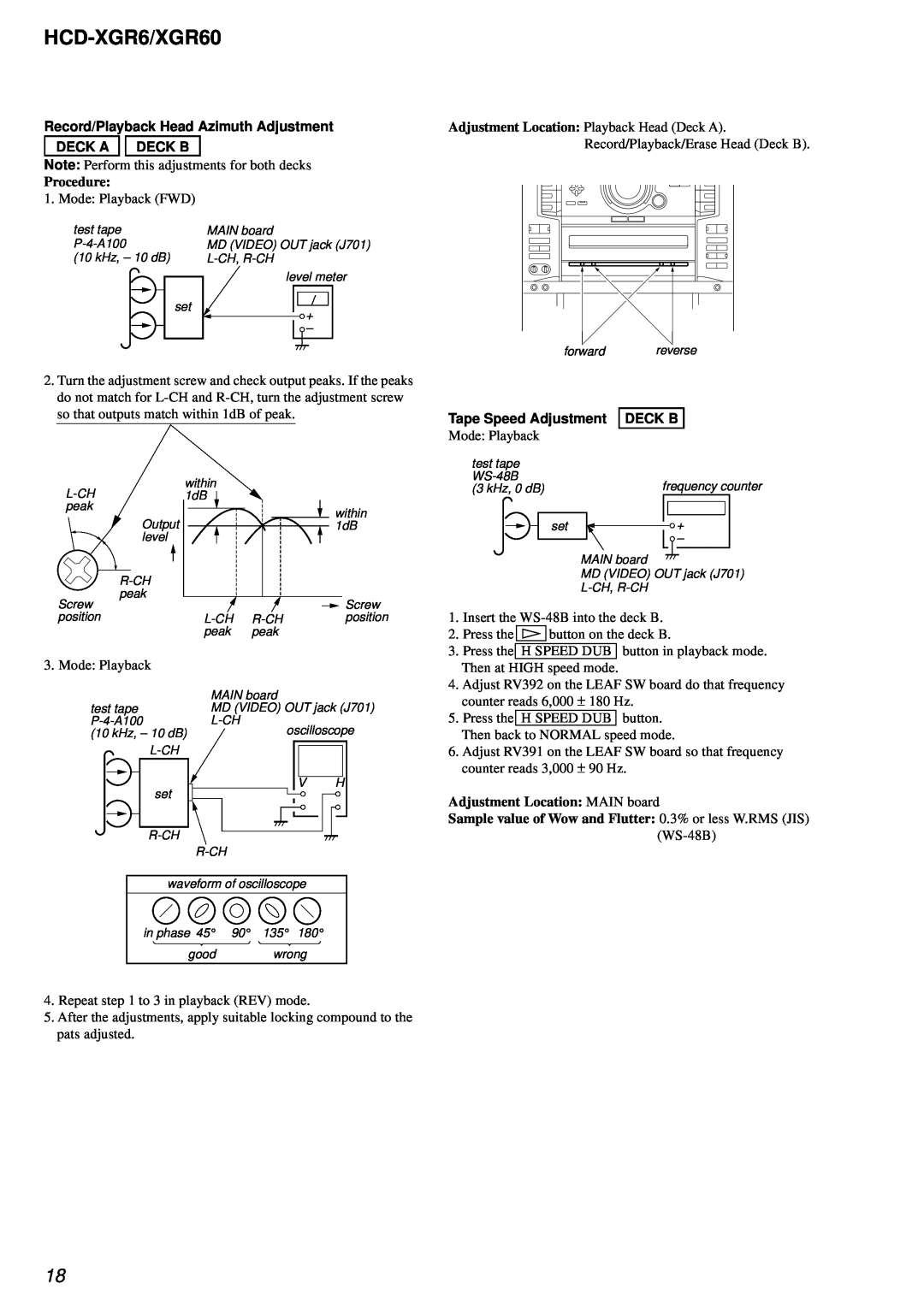 Sony HCD-XGR60 specifications HCD-XGR6/XGR60, Record/Playback Head Azimuth Adjustment DECK A DECK B, Procedure 