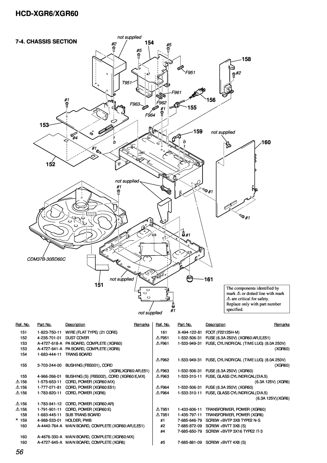 Sony HCD-XGR60 Chassis Section, 153 152, HCD-XGR6/XGR60, The components identified by, mark 0 or dotted line with mark 