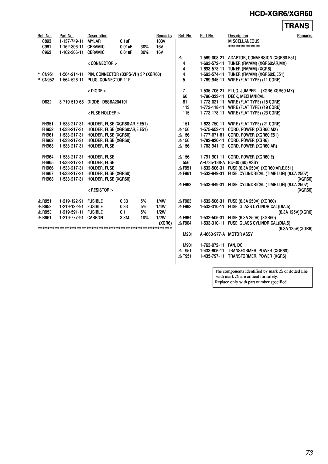 Sony HCD-XGR60 specifications HCD-XGR6/XGR60, Trans, Ref. No. Part No. Description, Remarks 