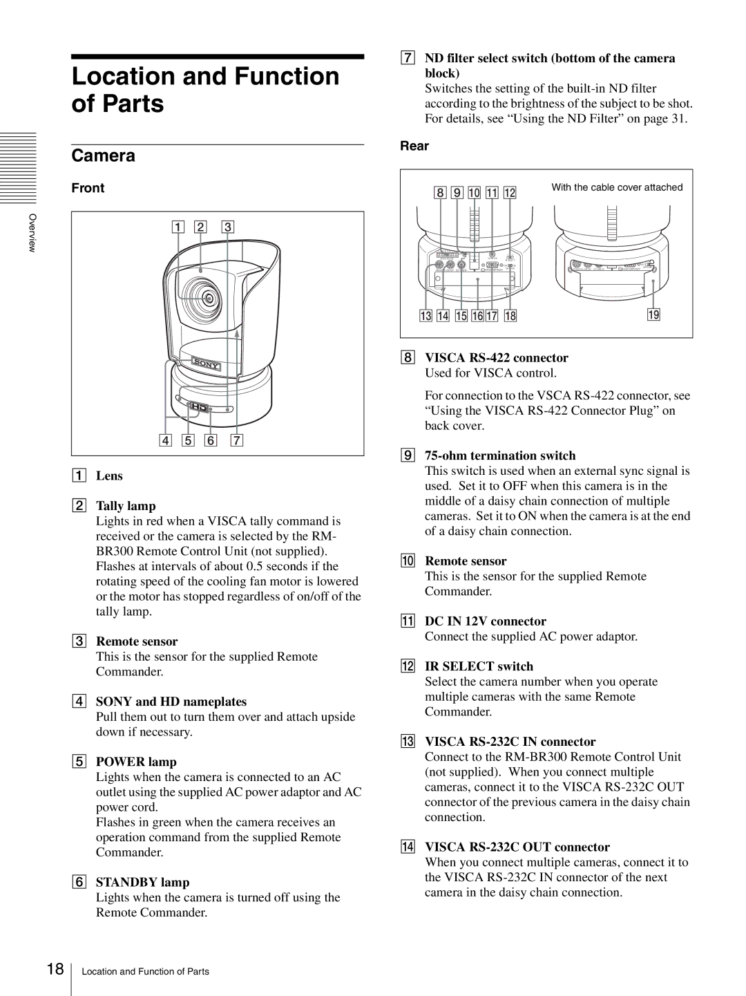 Sony HD 3CCD operating instructions Location and Function of Parts, Camera, Front, Rear 