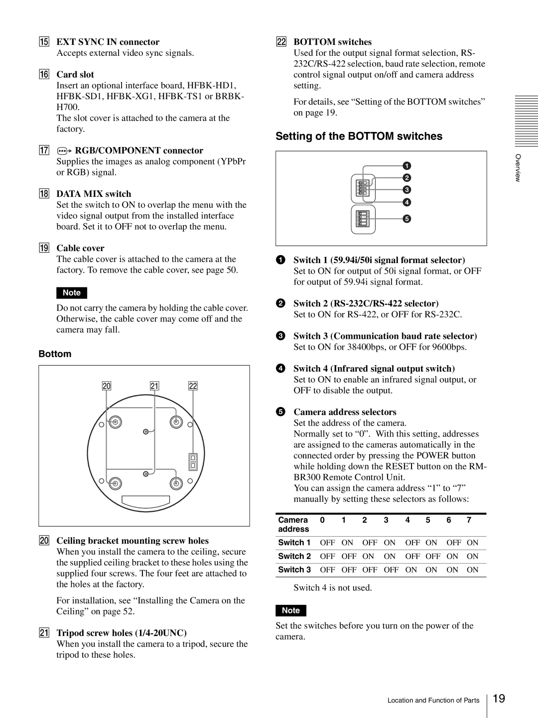 Sony HD 3CCD operating instructions Setting of the Bottom switches 