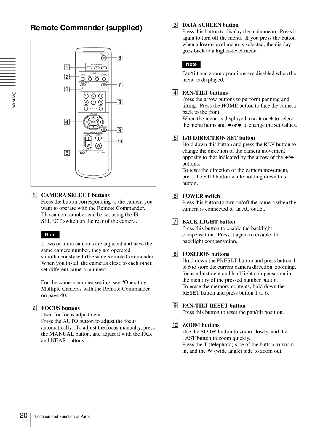 Sony HD 3CCD operating instructions Remote Commander supplied 