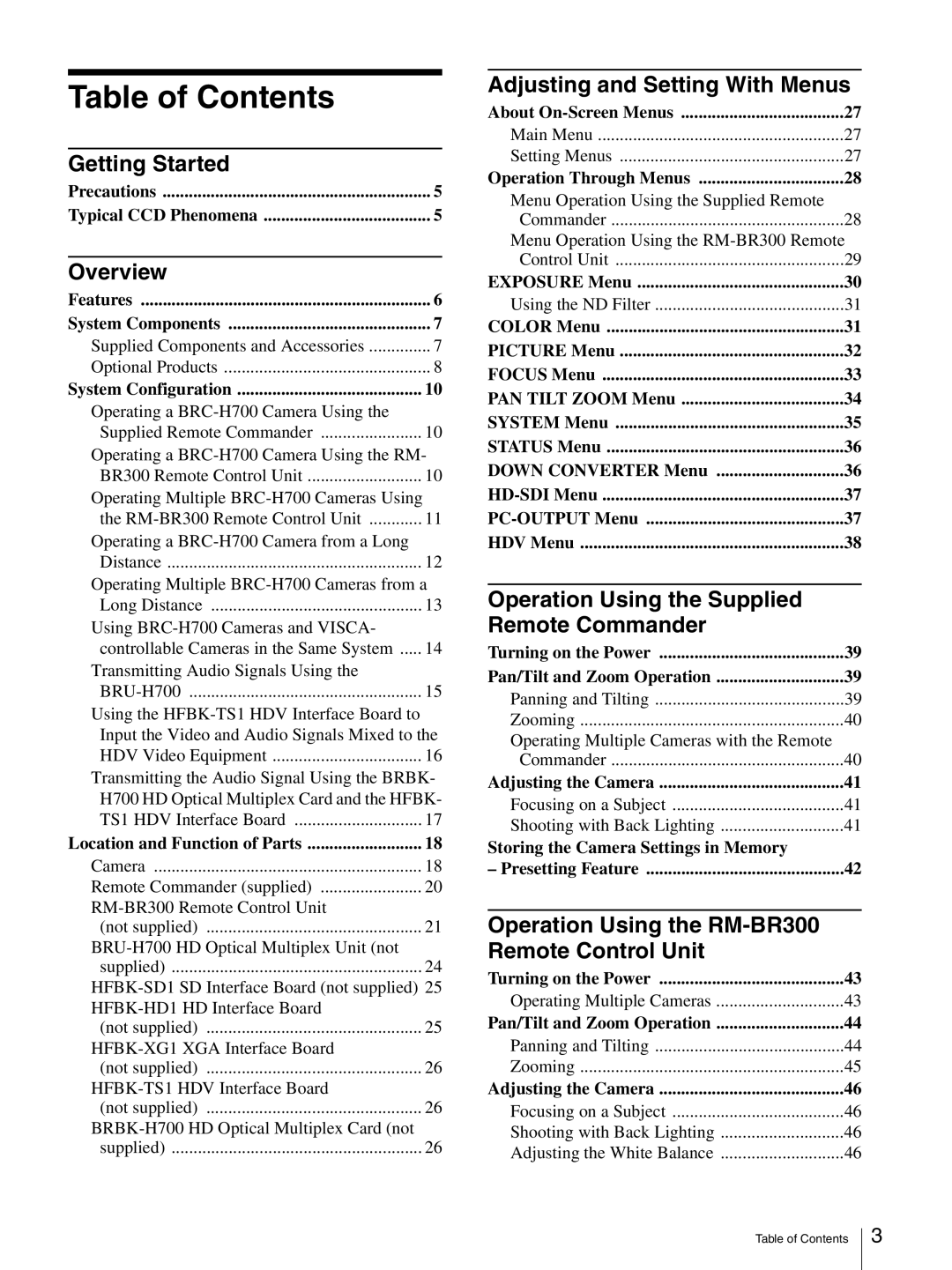 Sony HD 3CCD operating instructions Table of Contents 