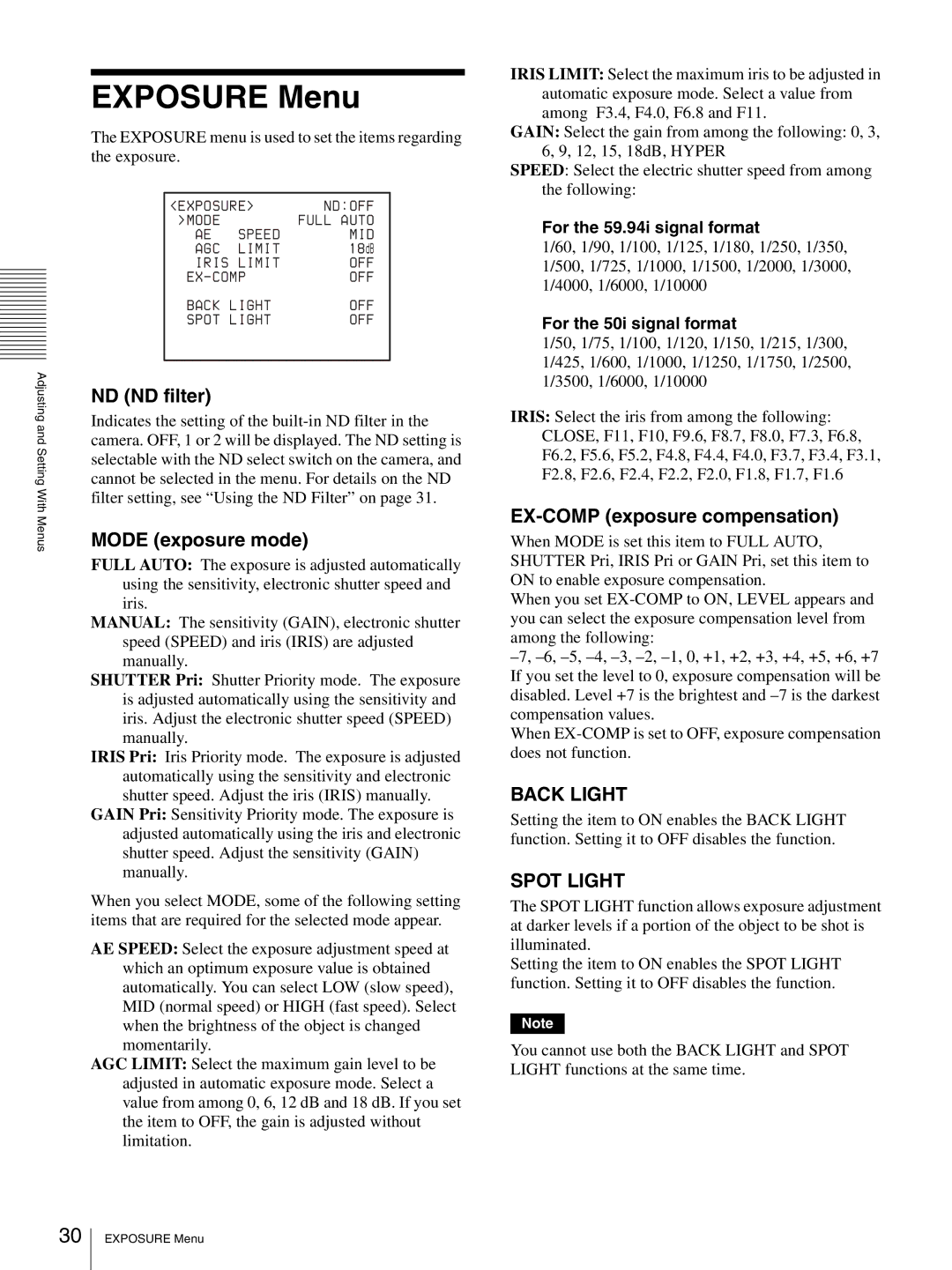 Sony HD 3CCD operating instructions Exposure Menu, Back Light, Spot Light 