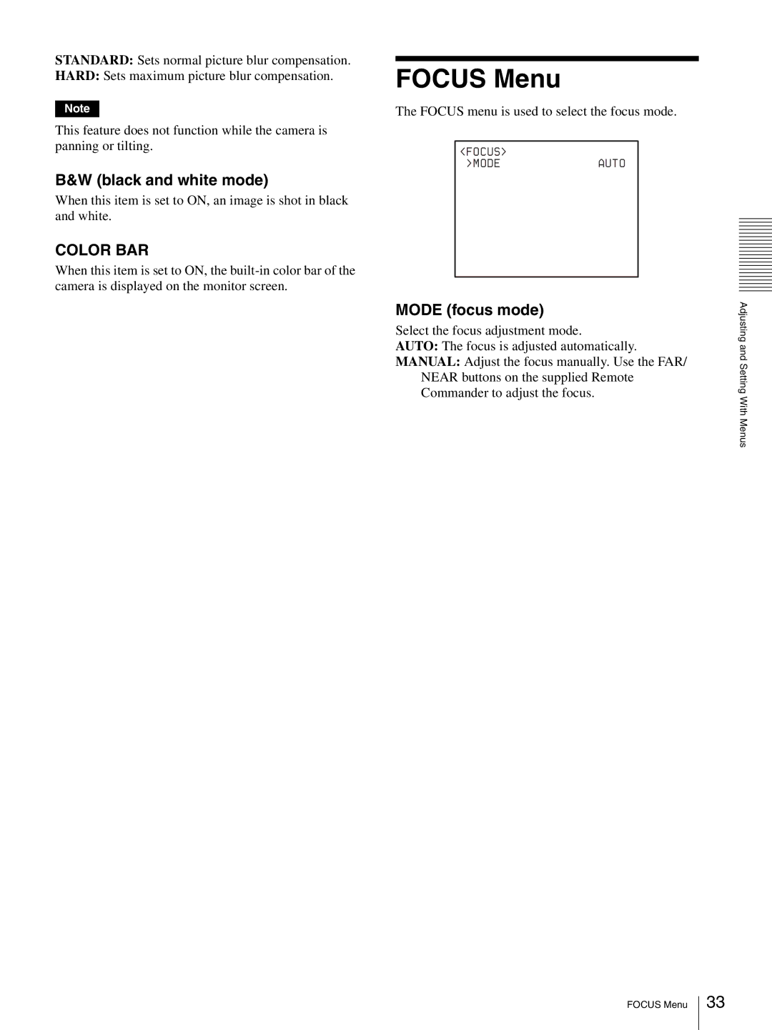 Sony HD 3CCD operating instructions Focus Menu, Black and white mode, Color BAR, Mode focus mode 