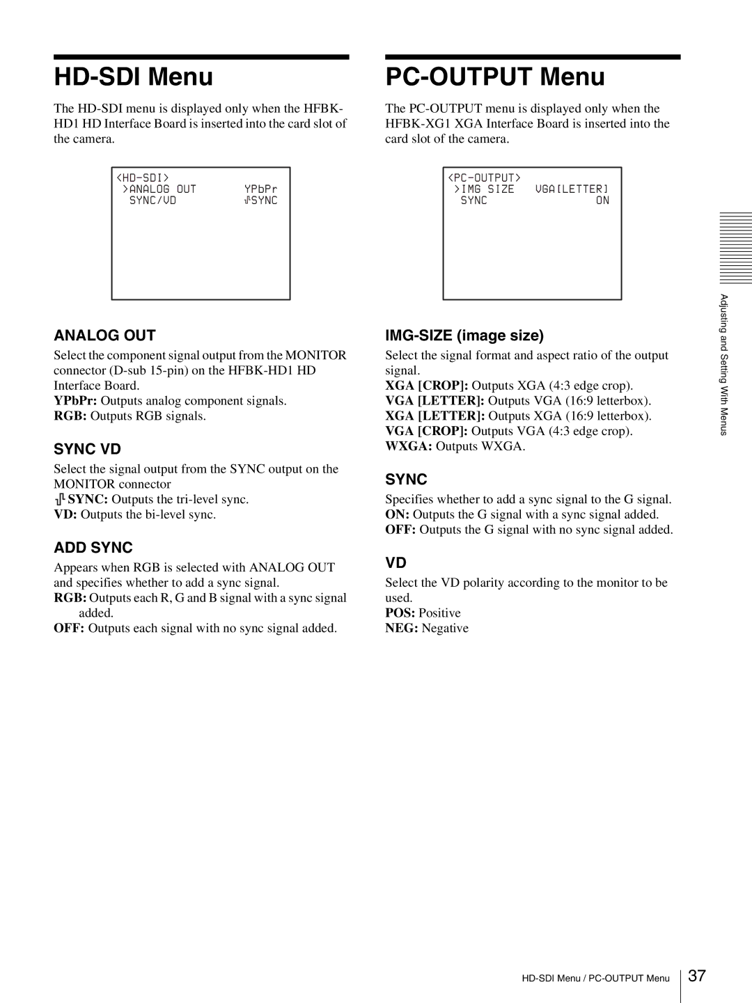 Sony HD 3CCD operating instructions HD-SDI Menu, PC-OUTPUT Menu, Sync VD 