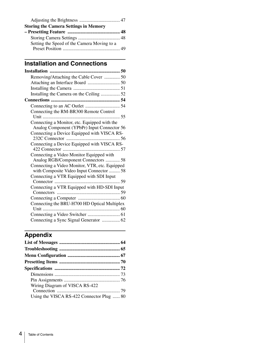 Sony HD 3CCD operating instructions Installation and Connections, Appendix 