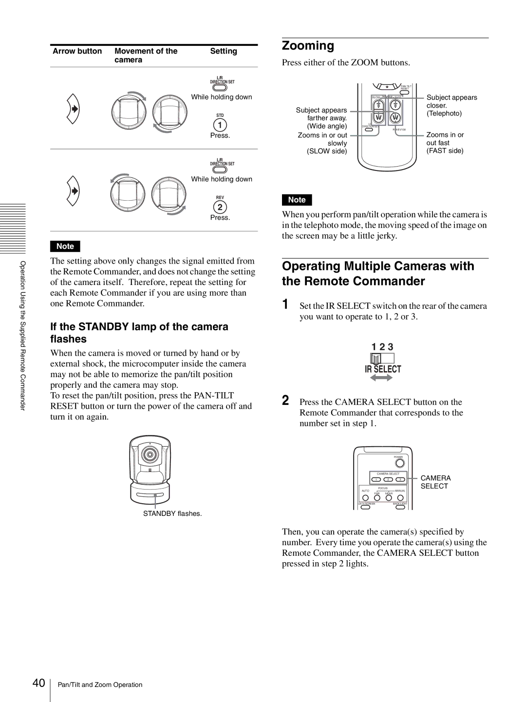 Sony HD 3CCD Zooming, Operating Multiple Cameras with the Remote Commander, If the Standby lamp of the camera flashes 