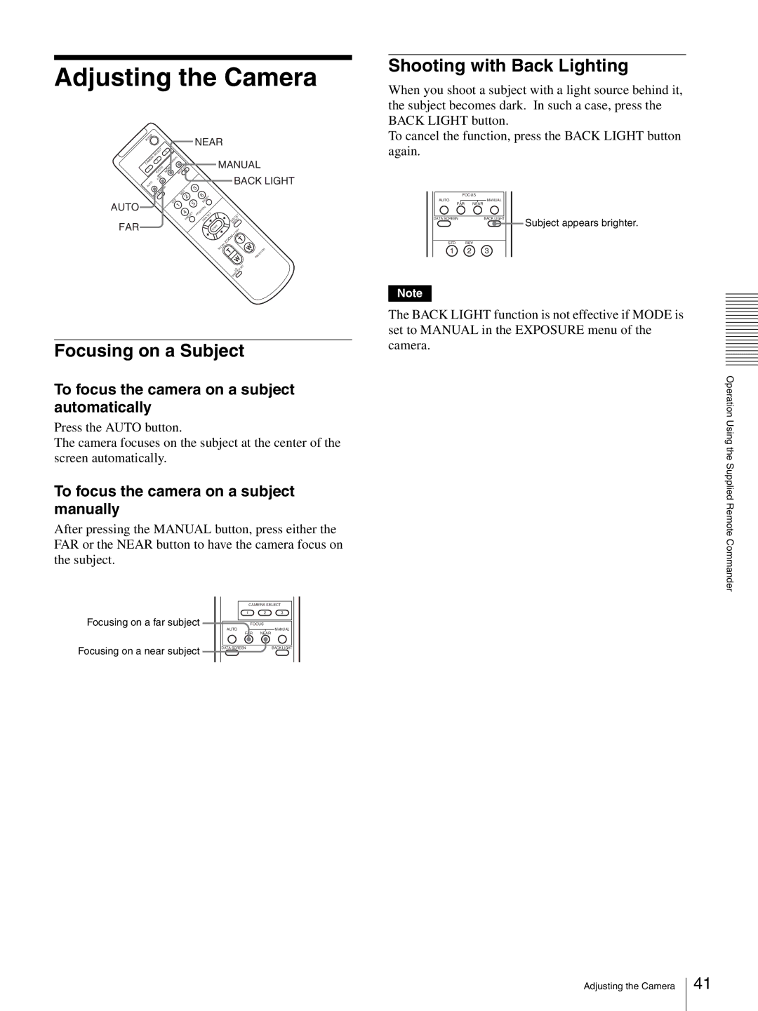 Sony HD 3CCD operating instructions Adjusting the Camera, Shooting with Back Lighting, Focusing on a Subject 