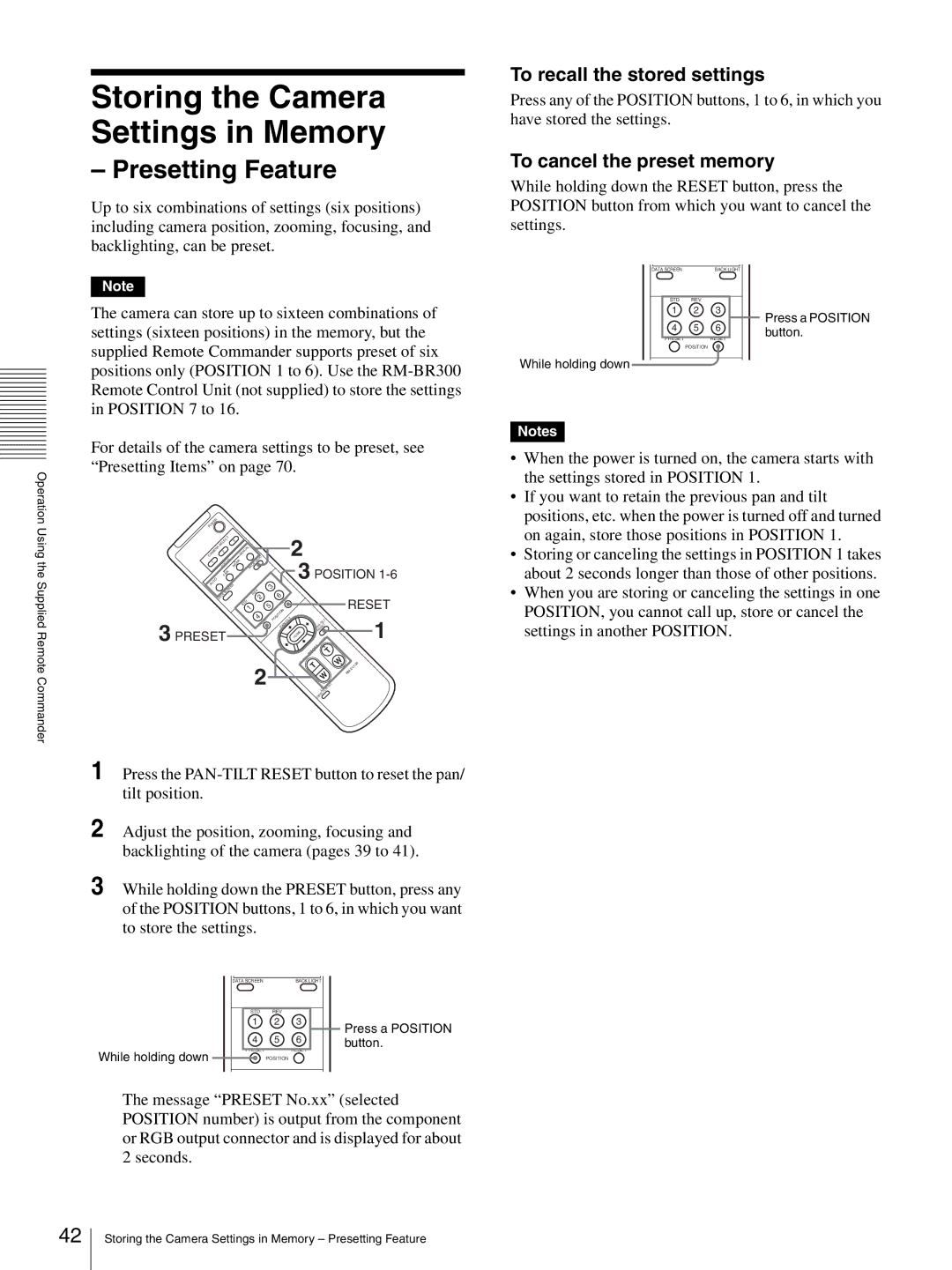 Sony HD 3CCD operating instructions To recall the stored settings, To cancel the preset memory 