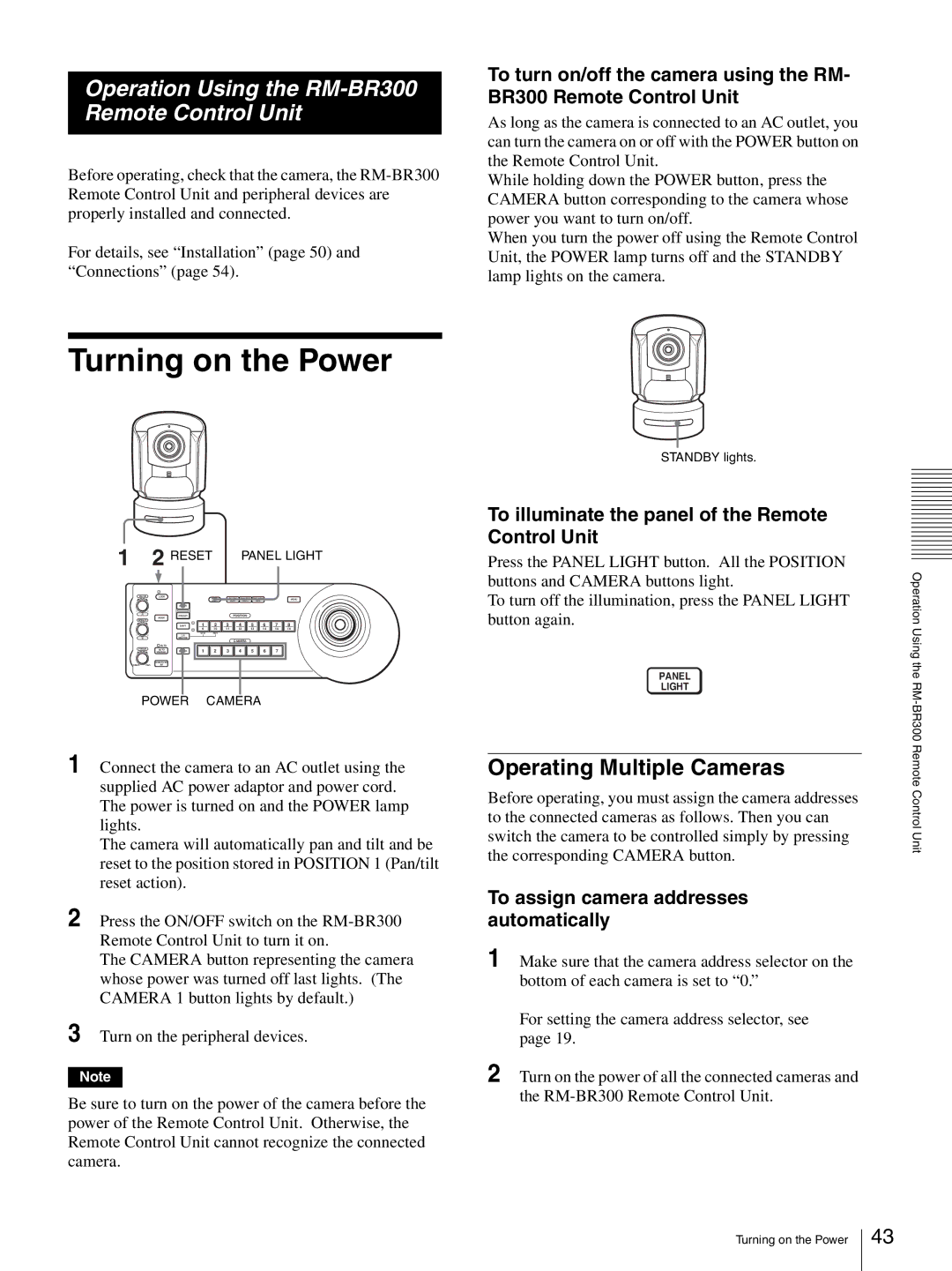 Sony HD 3CCD operating instructions Operating Multiple Cameras, To illuminate the panel of the Remote Control Unit 