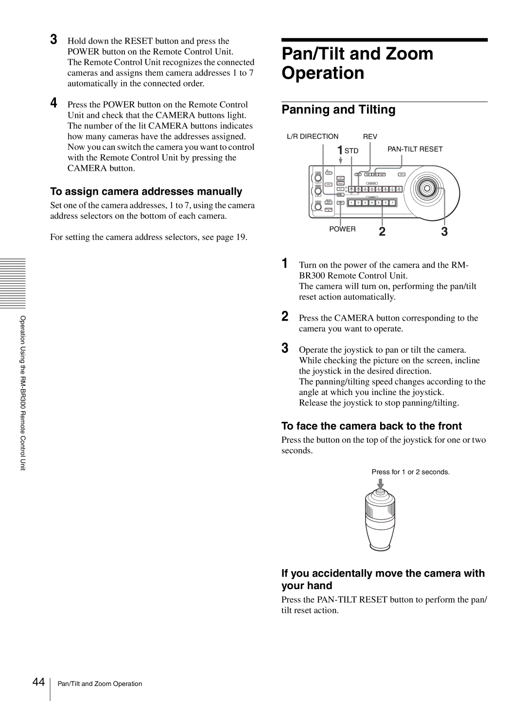 Sony HD 3CCD operating instructions To assign camera addresses manually, Direction REV 1STD PAN-TILT Reset 