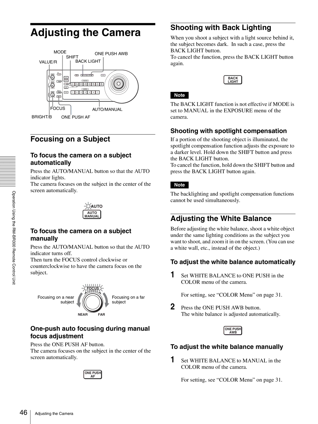 Sony HD 3CCD operating instructions Adjusting the White Balance, One-push auto focusing during manual focus adjustment 