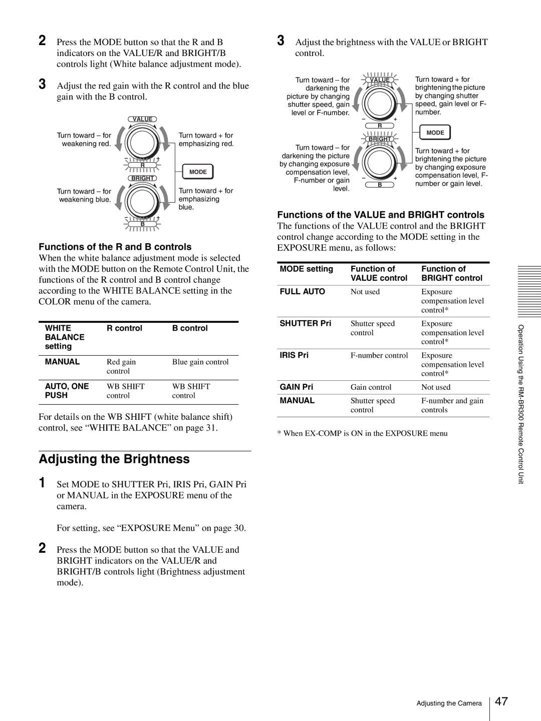 Sony HD 3CCD Adjusting the Brightness, Functions of the Value and Bright controls, Functions of the R and B controls 