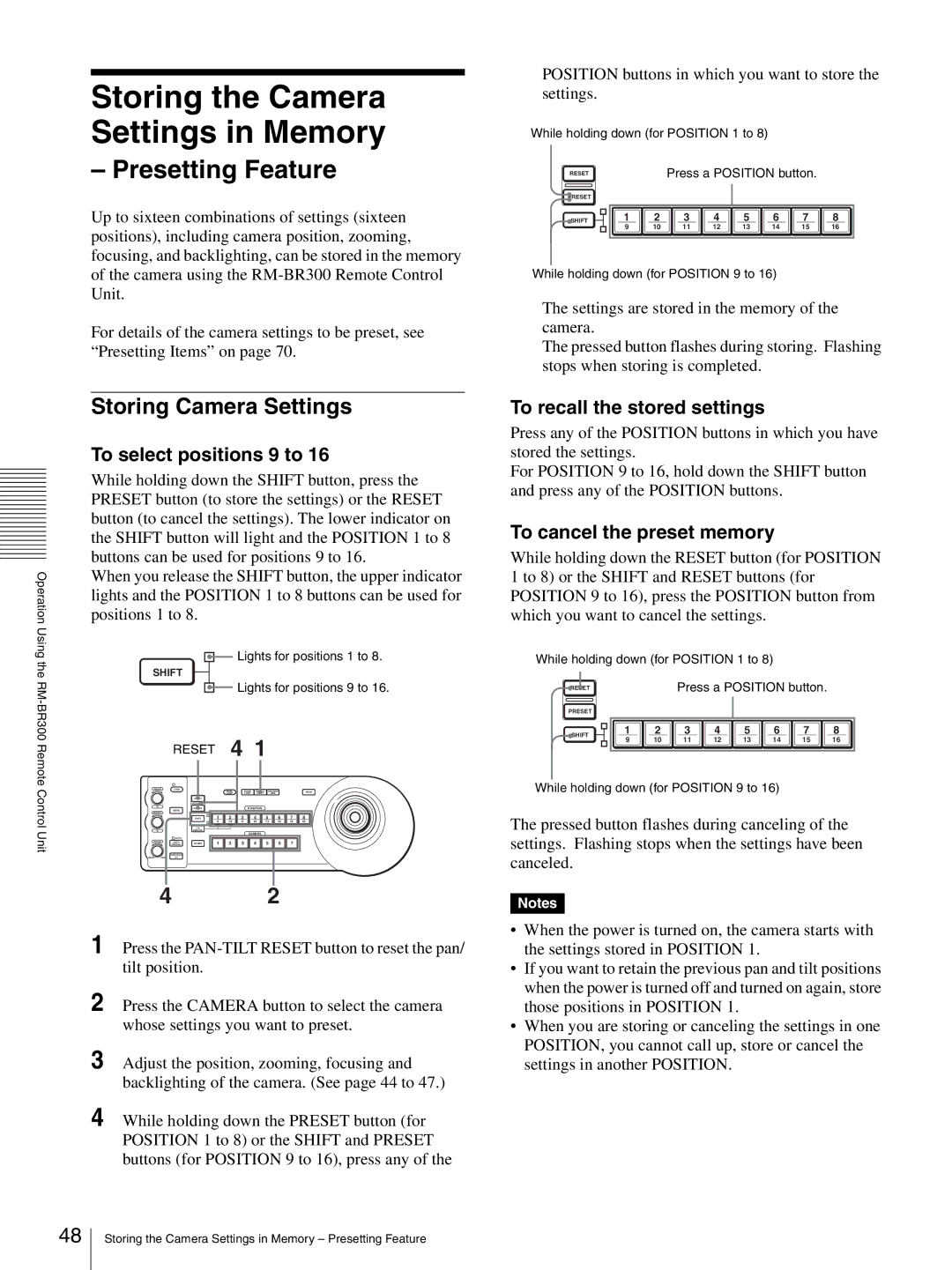 Sony HD 3CCD operating instructions Storing Camera Settings, To select positions 9 to 