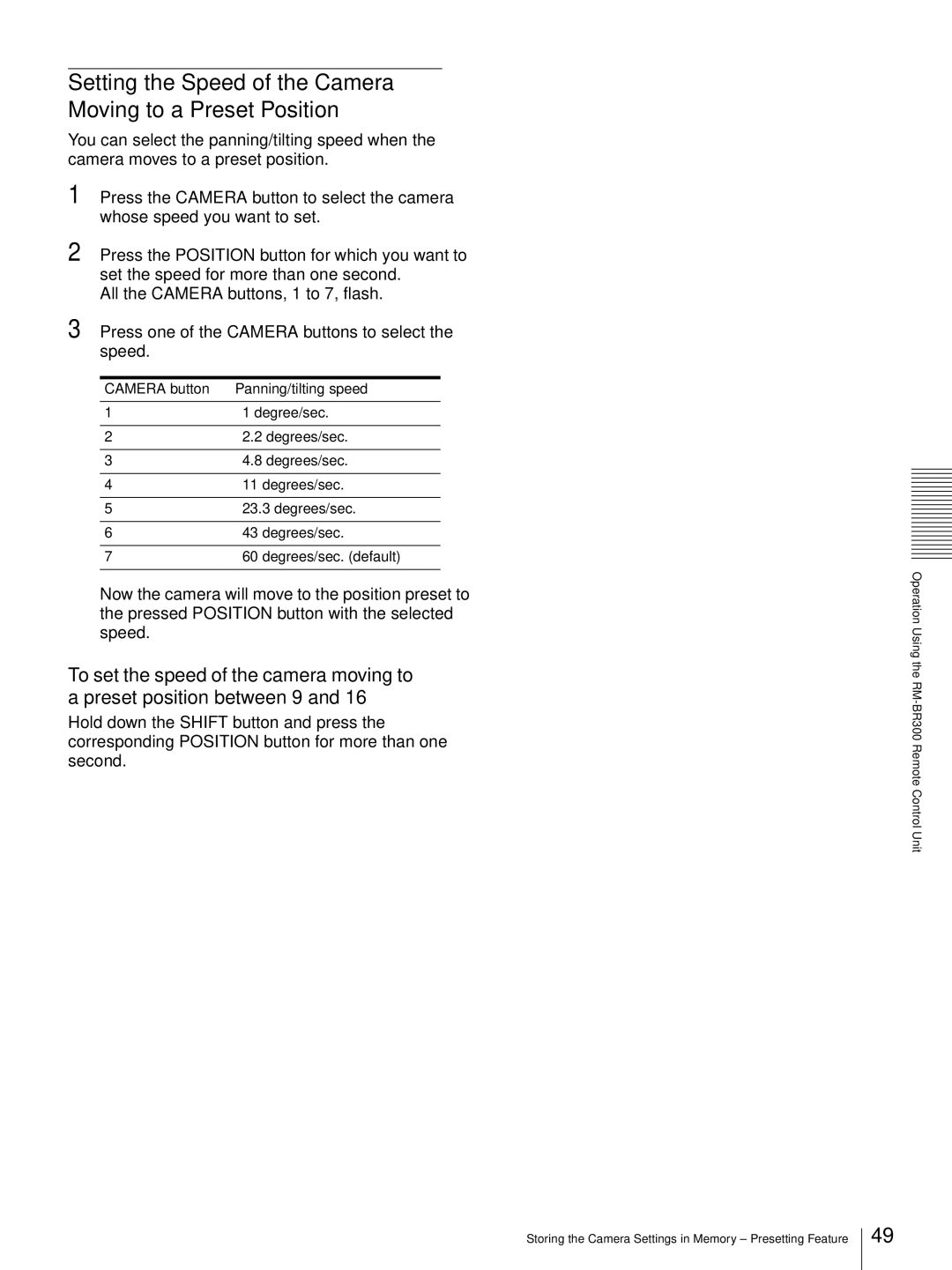 Sony HD 3CCD operating instructions Setting the Speed of the Camera Moving to a Preset Position 