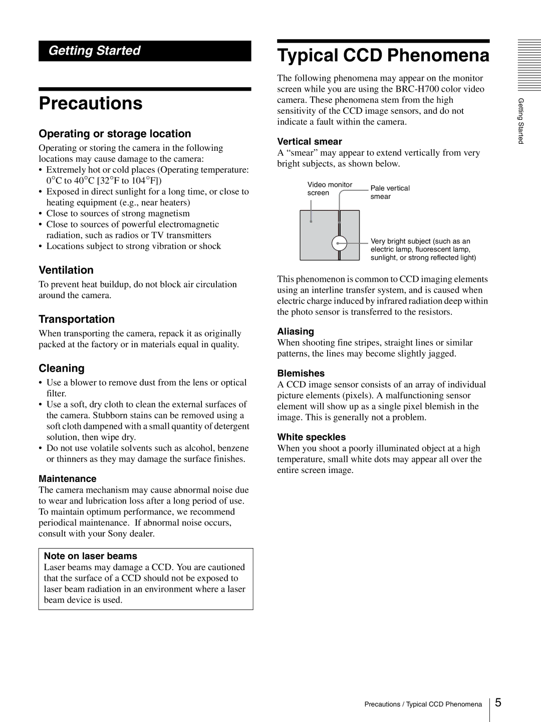 Sony HD 3CCD operating instructions Precautions, Typical CCD Phenomena 