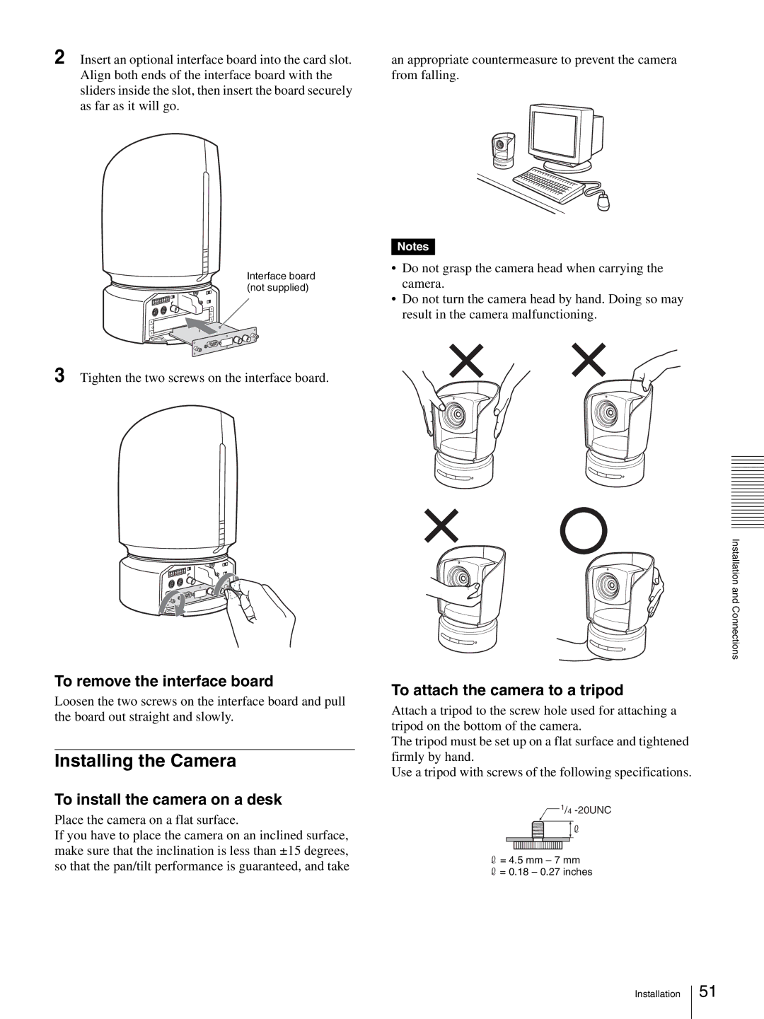 Sony HD 3CCD operating instructions Installing the Camera, To remove the interface board, To install the camera on a desk 