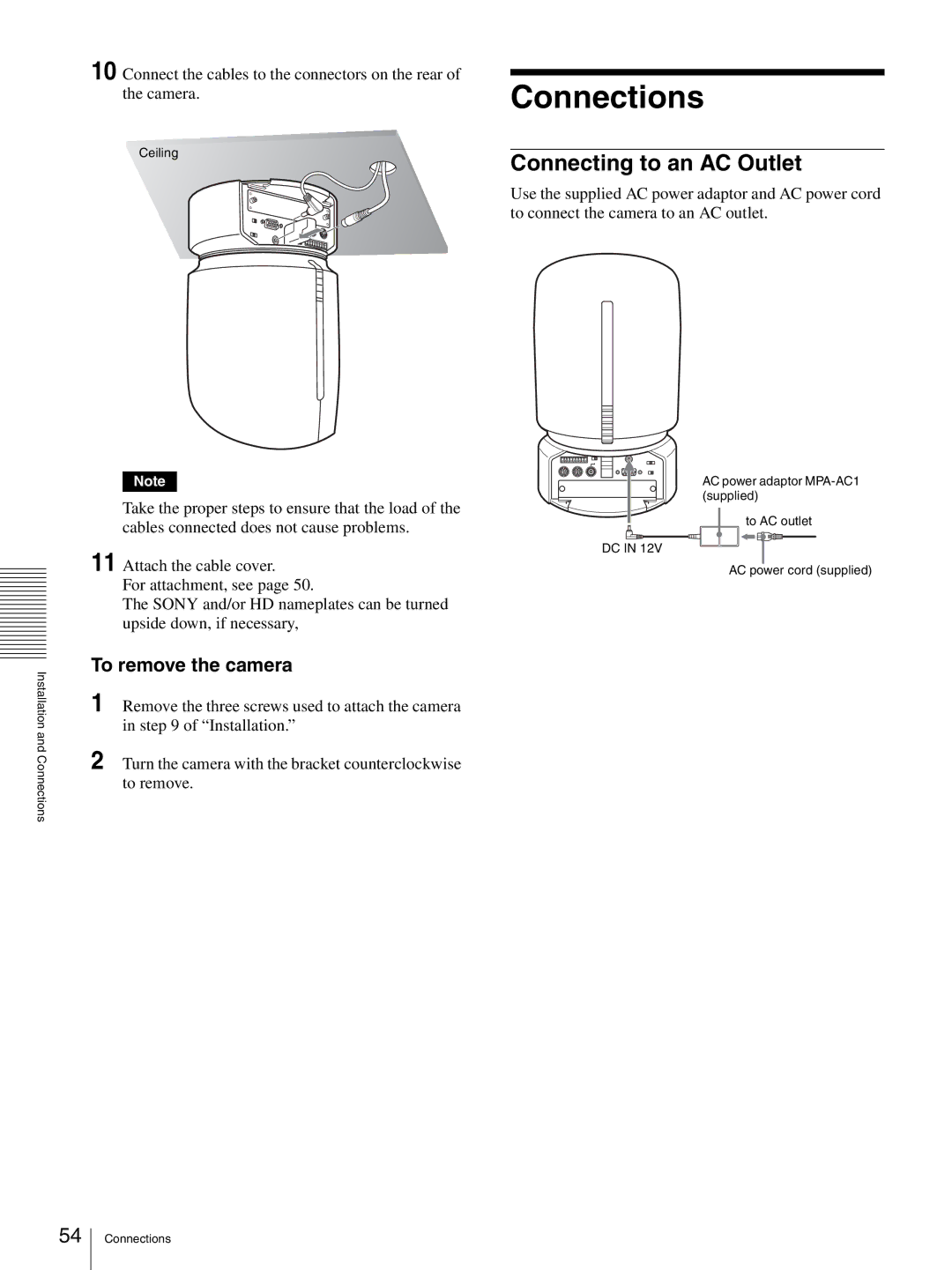 Sony HD 3CCD operating instructions Connections, Connecting to an AC Outlet, To remove the camera 