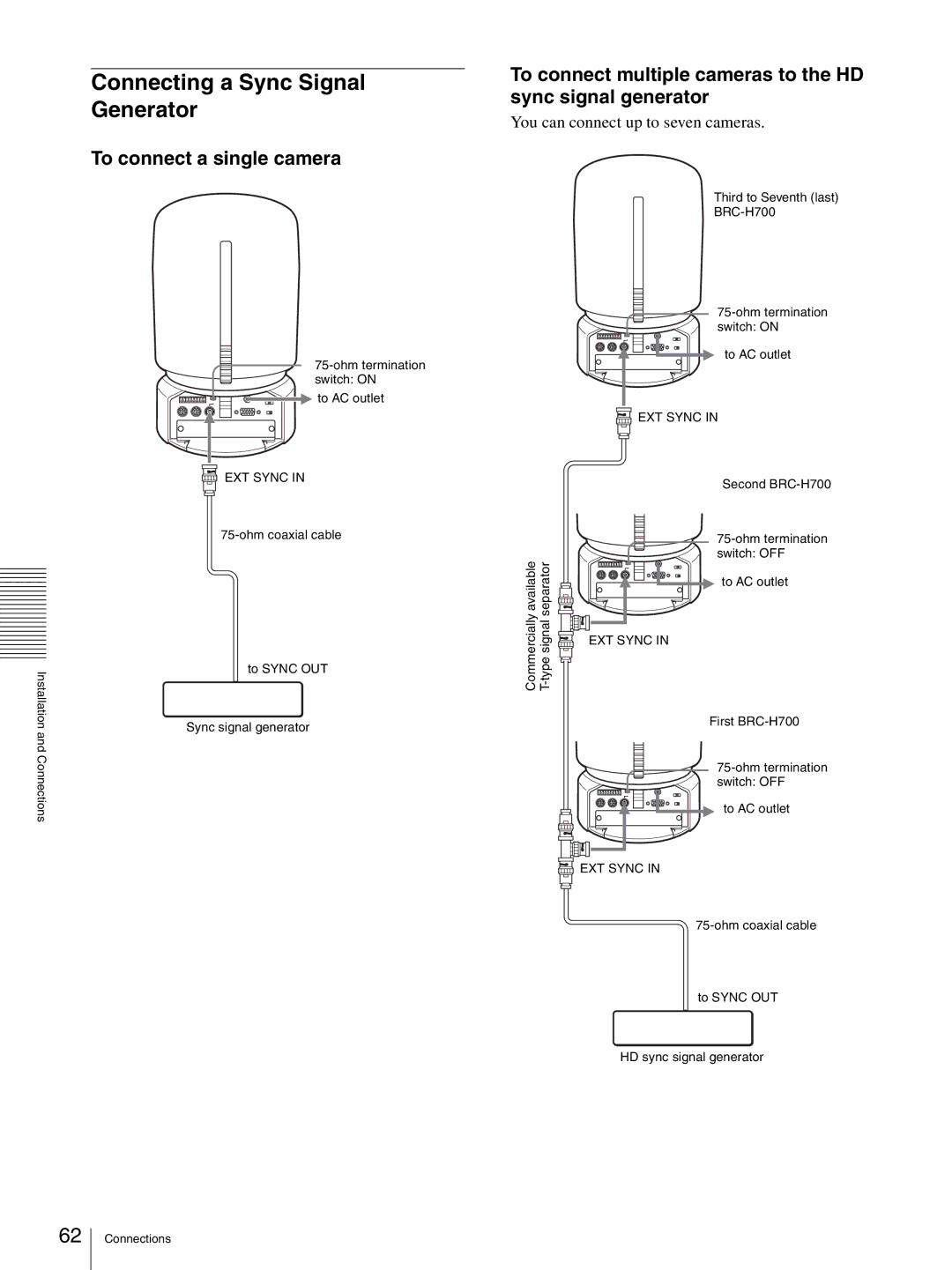 Sony HD 3CCD operating instructions Connecting a Sync Signal Generator, To connect a single camera 