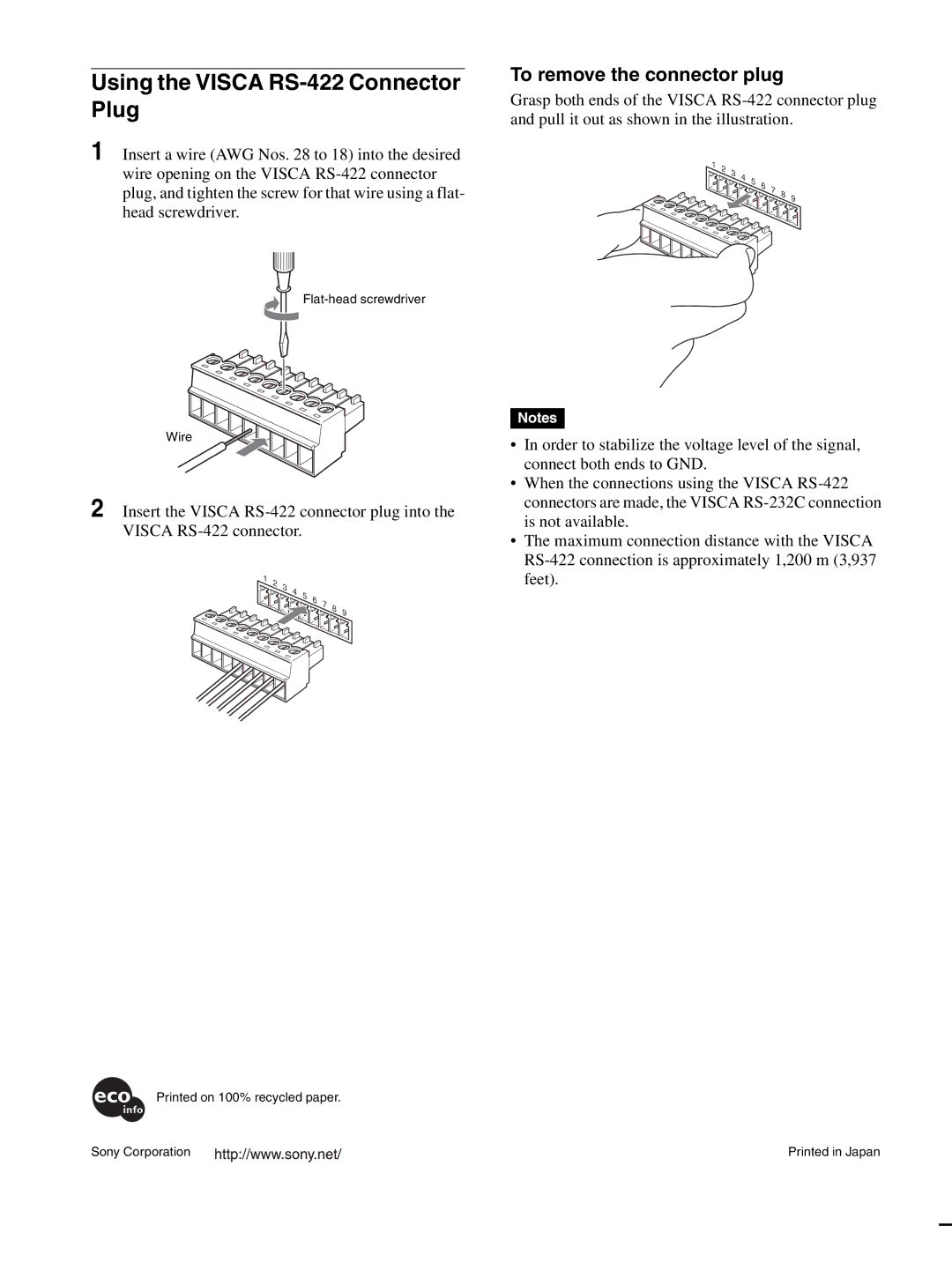 Sony HD 3CCD operating instructions Using the Visca RS-422 Connector Plug, To remove the connector plug 