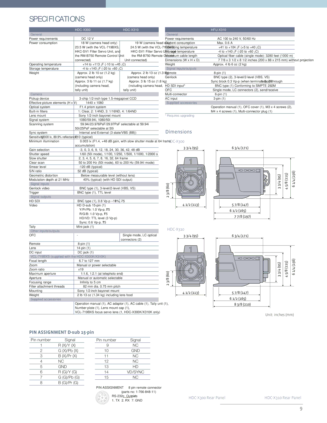 Sony manual Specifications, HDC-X300 HDC-X310 