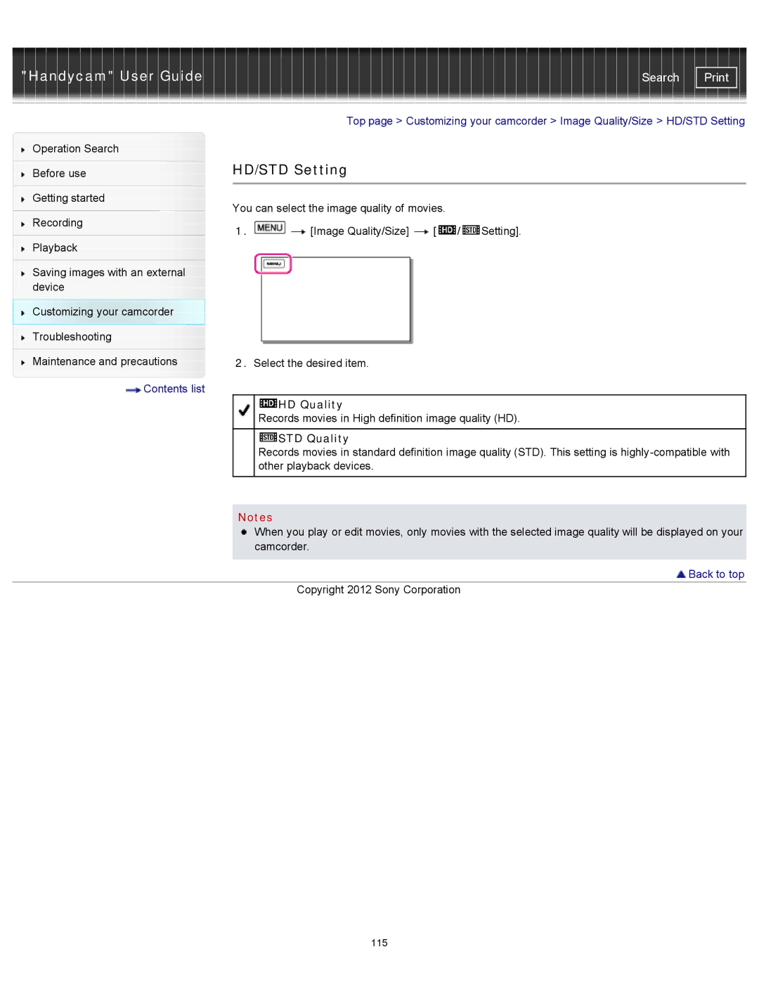 Sony CX200, HDR-CX190, PJ200, CX210 manual HD/STD Setting, HD Quality, STD Quality 