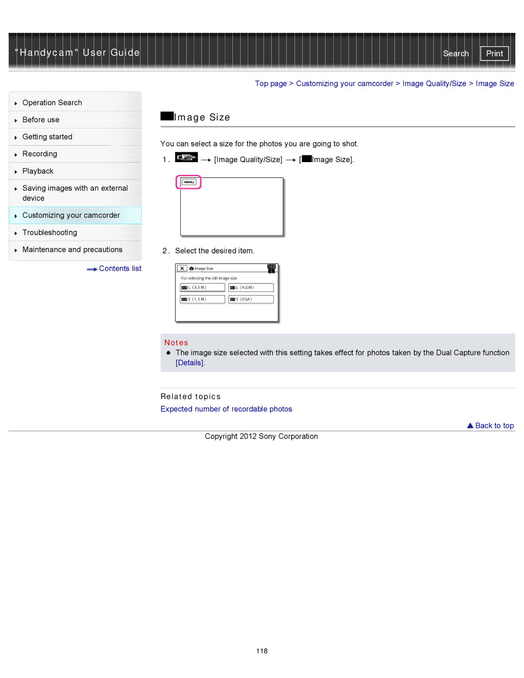 Sony CX210, HDR-CX190, PJ200, CX200 manual Image Size, Expected number of recordable photos Back to top 