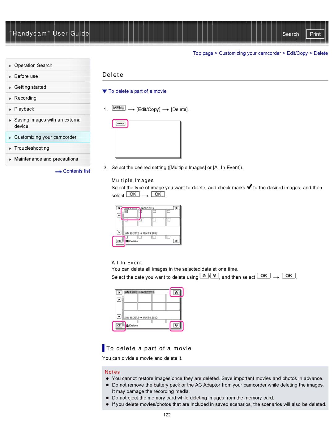 Sony CX210, HDR-CX190, PJ200, CX200 manual Delete, To delete a part of a movie, Multiple Images, All In Event 