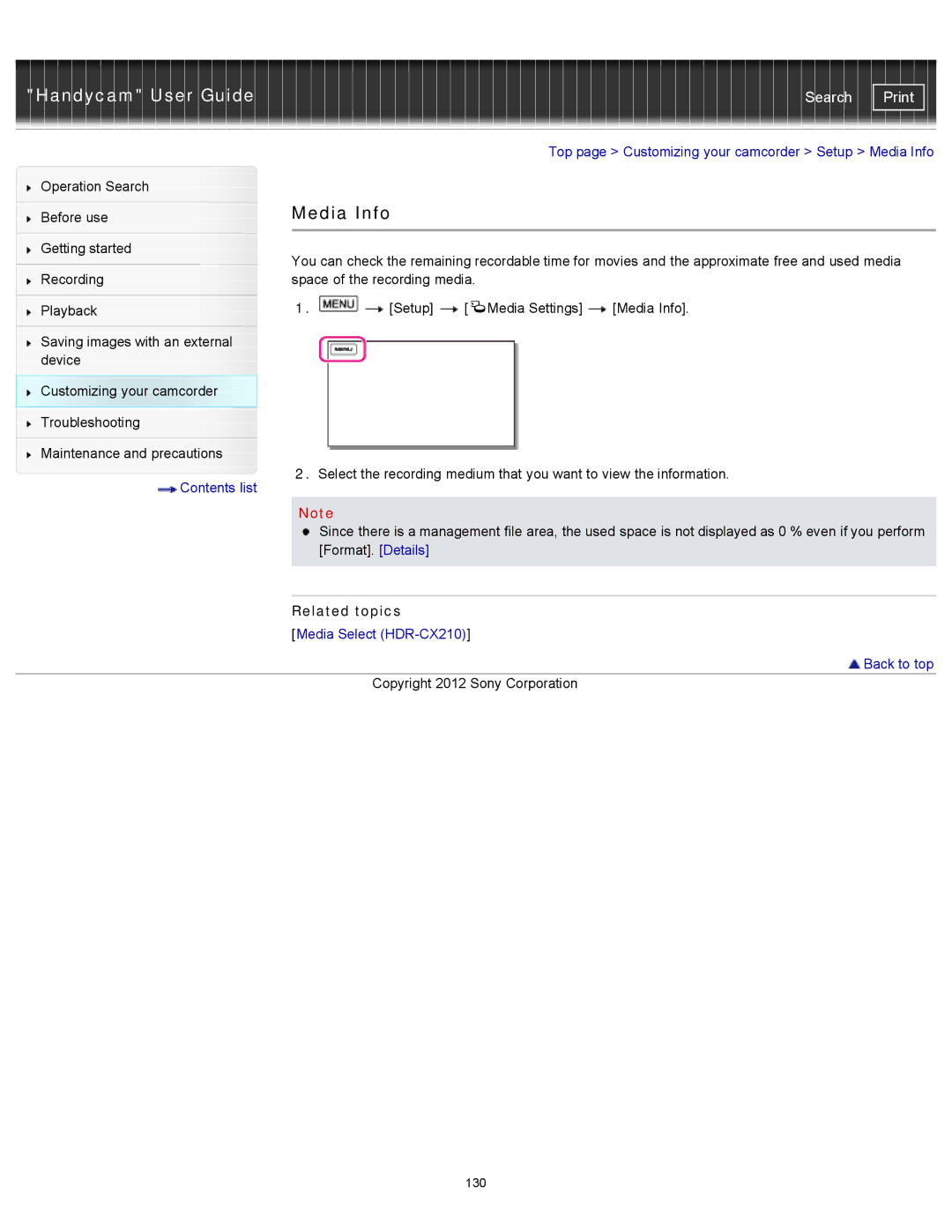 Sony HDR-CX190, PJ200, CX200 manual Media Info, Media Select HDR-CX210 Back to top 