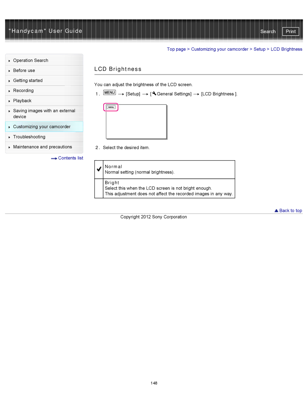 Sony HDR-CX190, PJ200, CX210, CX200 manual LCD Brightness 