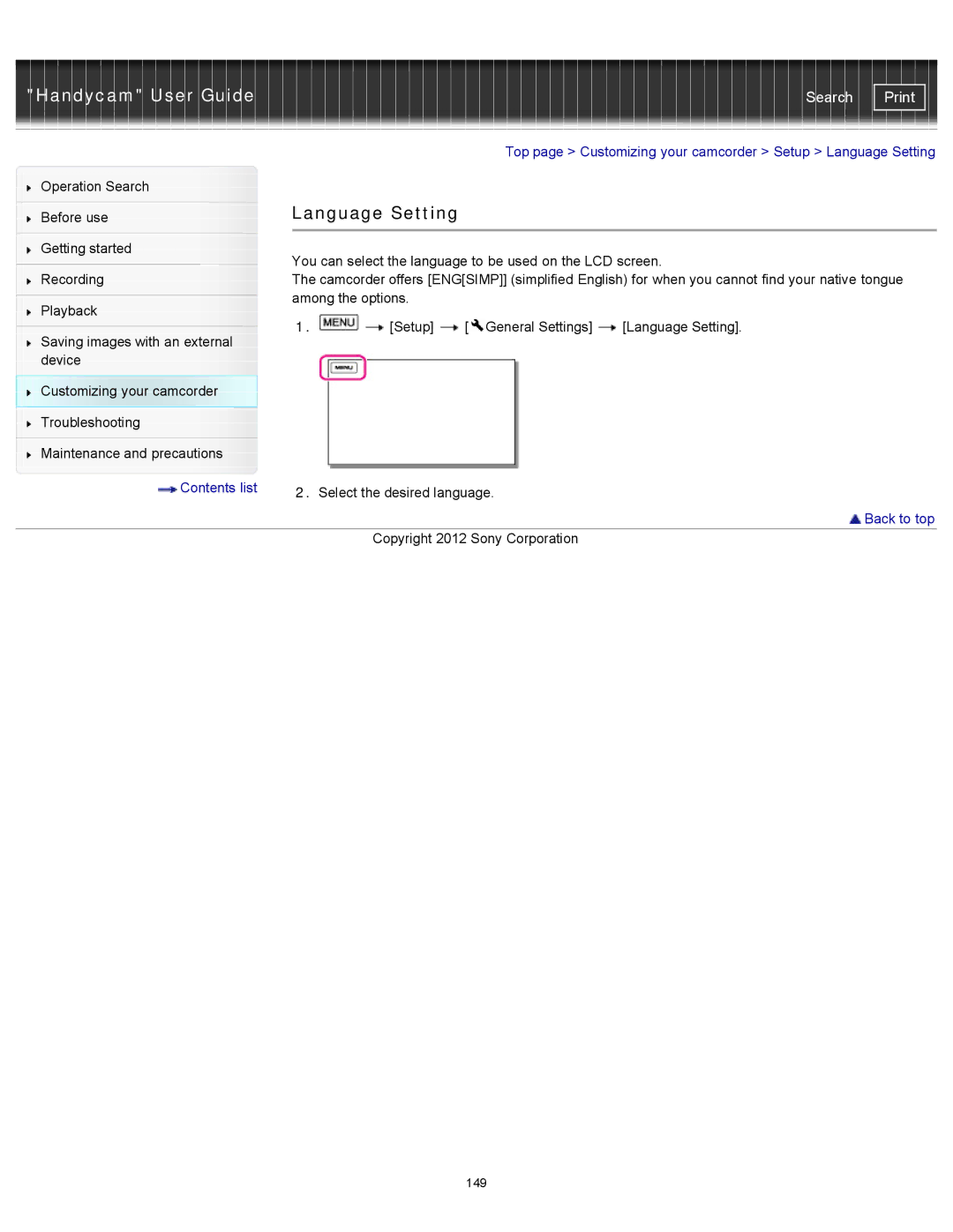 Sony PJ200, HDR-CX190, CX210, CX200 manual Language Setting 