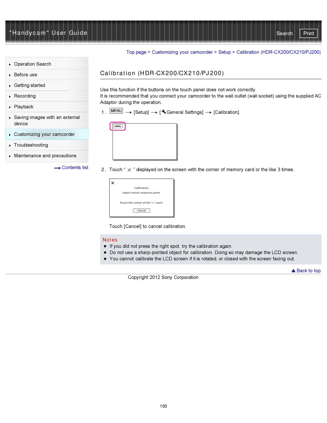 Sony HDR-CX190 manual Calibration HDR-CX200/CX210/PJ200 