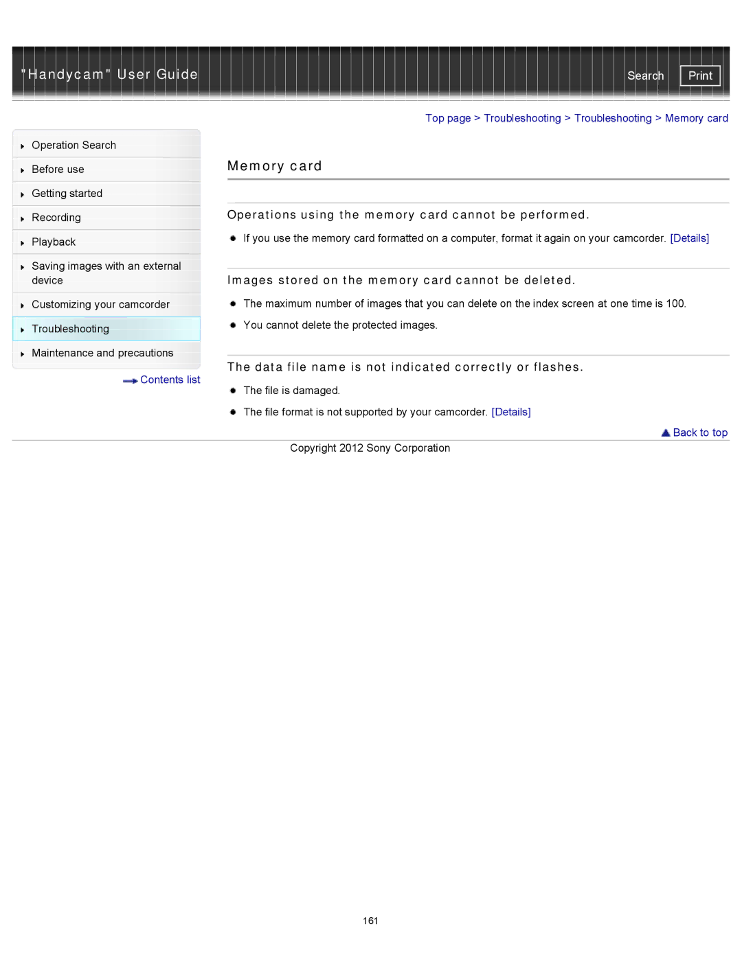 Sony PJ200, HDR-CX190, CX210, CX200 manual Memory card, Operations using the memory card cannot be performed 