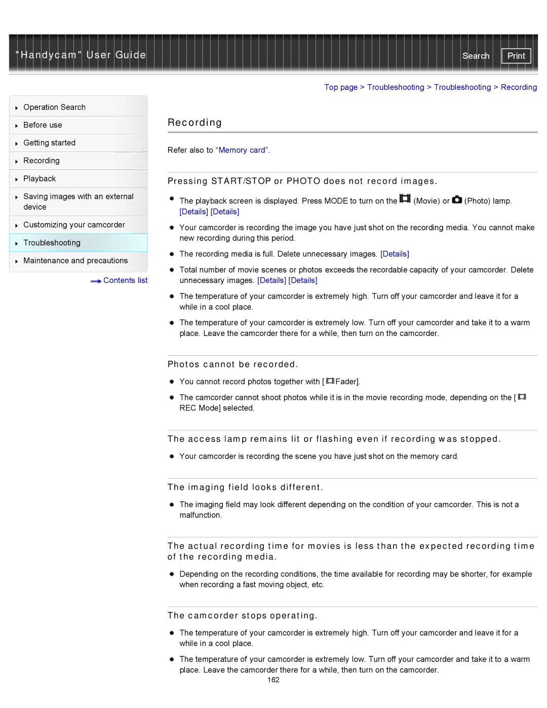 Sony CX210, HDR-CX190, PJ200 manual Recording, Pressing START/STOP or Photo does not record images, Photos cannot be recorded 