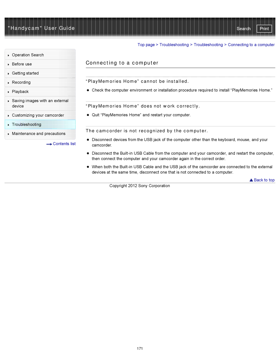 Sony CX200 Connecting to a computer, PlayMemories Home cannot be installed, PlayMemories Home does not work correctly 