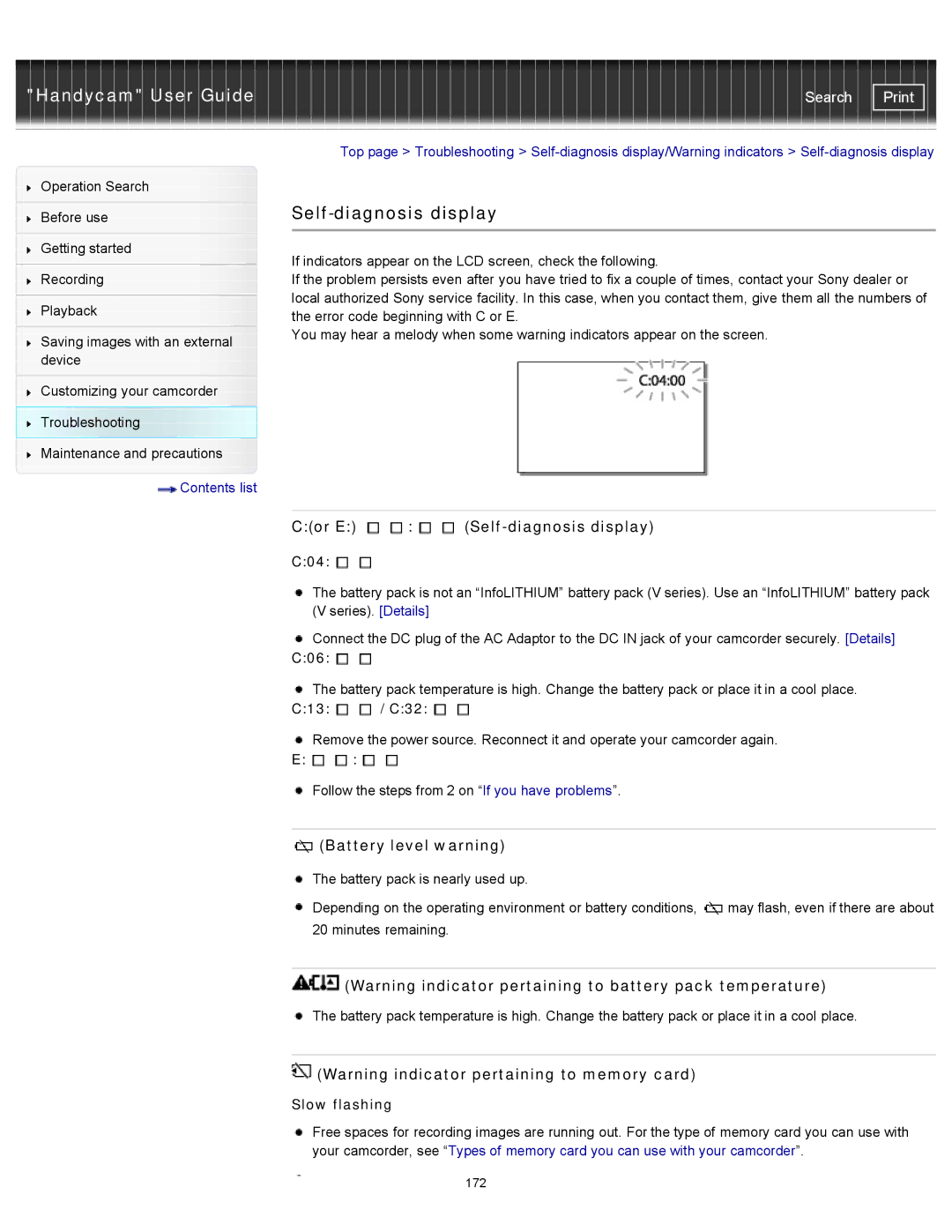 Sony HDR-CX190, PJ200, CX210, CX200 manual Cor E Self-diagnosis display, Battery level warning 