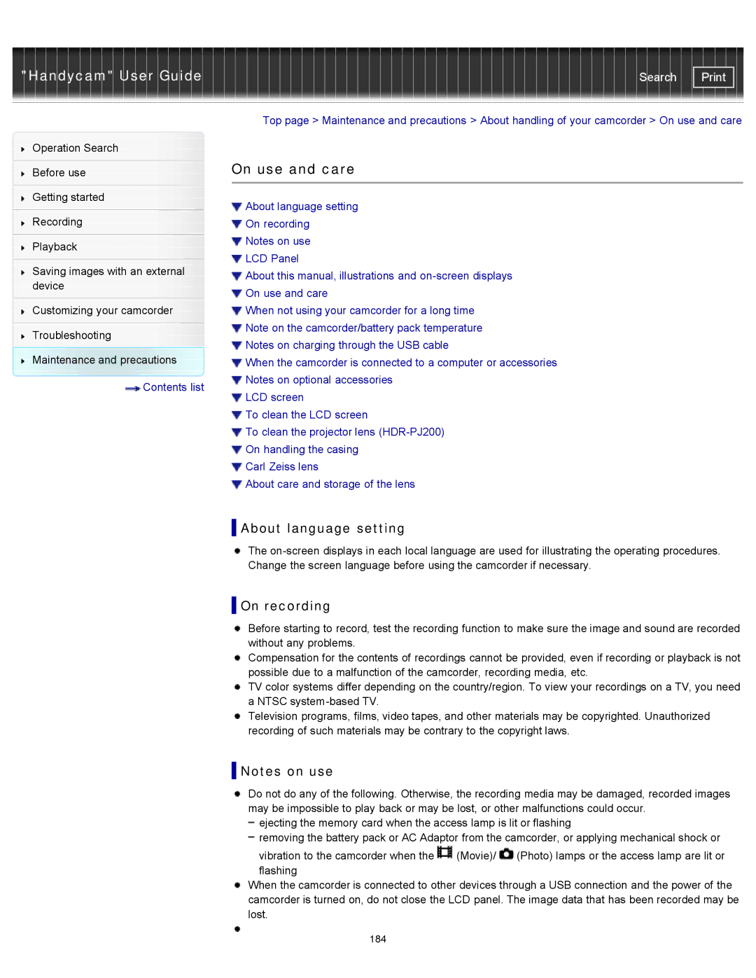 Sony HDR-CX190, PJ200, CX210, CX200 manual On use and care, About language setting, On recording 