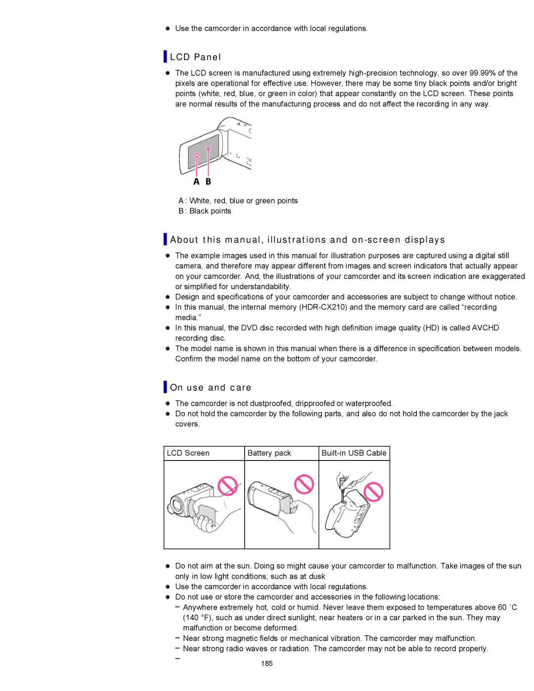 Sony PJ200, HDR-CX190, CX210, CX200 LCD Panel, About this manual, illustrations and on-screen displays, On use and care 