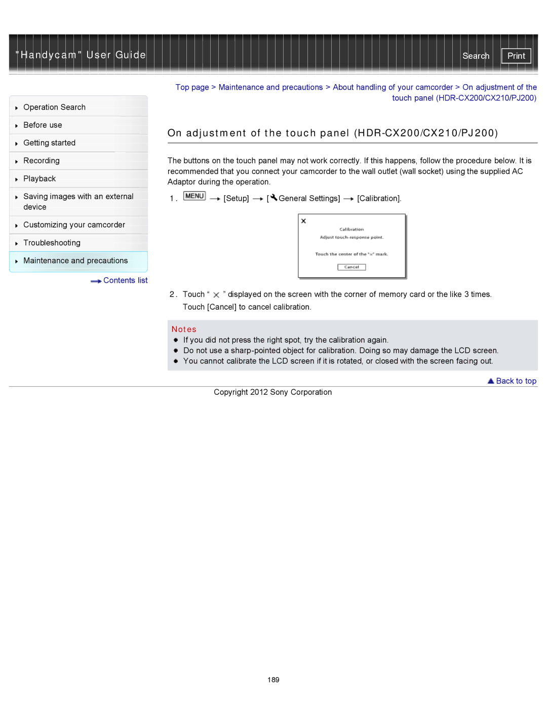 Sony HDR-CX190 manual On adjustment of the touch panel HDR-CX200/CX210/PJ200, Getting started Recording 