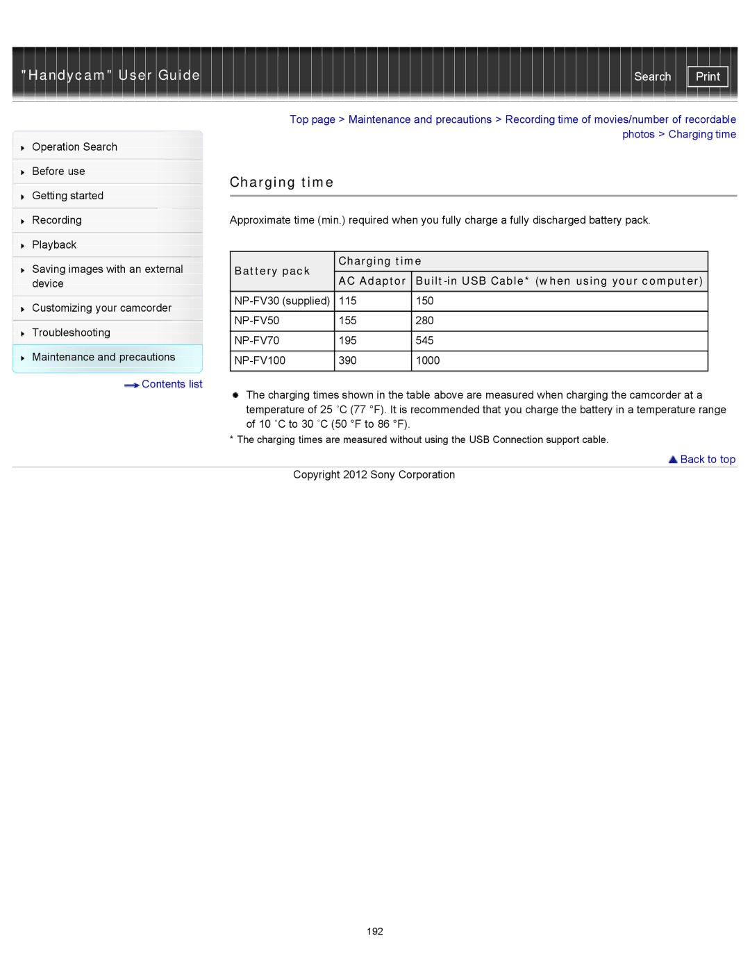 Sony HDR-CX190, PJ200, CX210, CX200 manual Charging time 