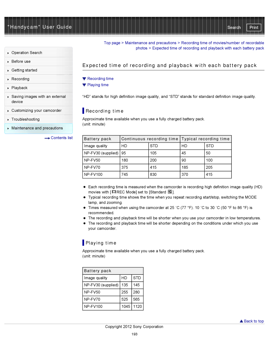 Sony PJ200, HDR-CX190, CX210, CX200 manual Recording time Playing time 